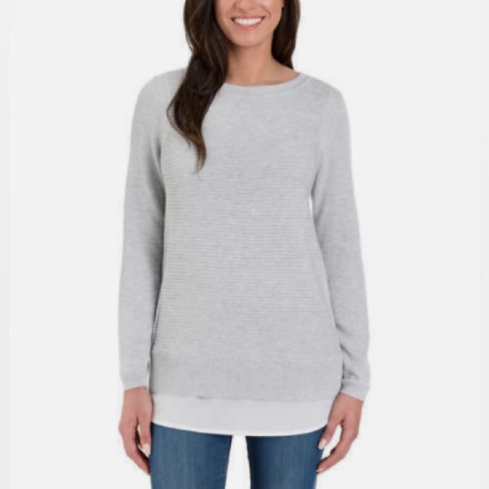 Hilary Radley Long Sleeve Two-Fer Sweater- Gray